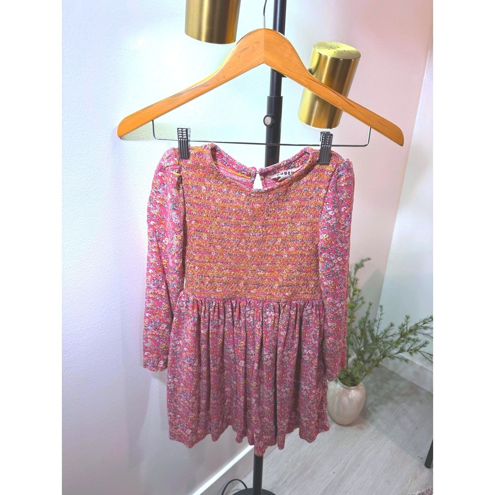 Mini Boden Girls Pink Floral Smocked Long Sleeve‎ Dress Size 7-8Y G4988